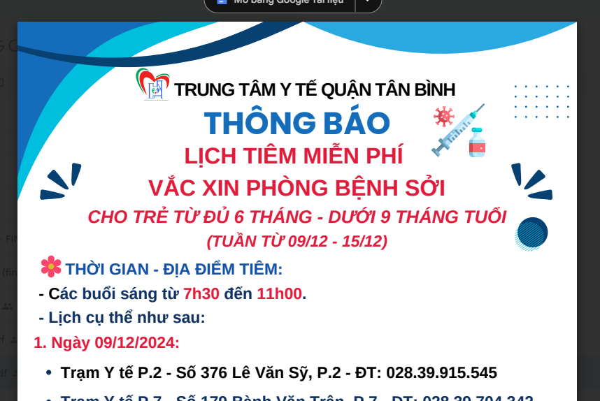 LỊCH TIÊM MIỄN PHÍ VẮC XIN PHÒNG BỆNH SỞI CHO TRẺ TỪ ĐỦ 6 THÁNG - DƯỚI 9 THÁNG TUỔI (TUẦN TỪ 09/12 - 15/12)