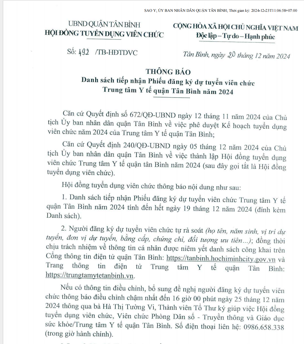 492-THÔNG BÁO DANH SÁCH TIẾP NHẬN PHIẾU ĐĂNG KÝ TUYỂN VIÊN CHỨC TTYT Q.TÂN BÌNH NĂM 2024