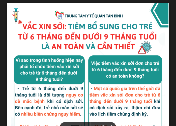 Vắc xin sởi: Tiêm bổ sung cho trẻ từ 6 tháng đến dưới 9 tháng tuổi là an toàn và cần thiết - Thông tin các điểm tư vấn về tiêm chủng Sởi tại quận Tân Bình