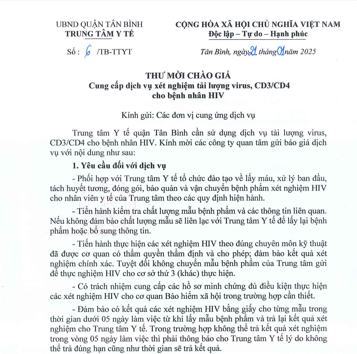 06-Thư mời chào giá - Cung cấp dịch vụ xét nghiệm tải lượng virus, CD3/CD4 cho bệnh nhân HIV