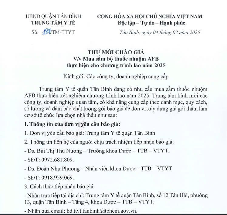 Thư mời chào giá về việc mua sắm bộ thuốc nhuộm AFB thực hiện cho chương trình Lao năm 2025