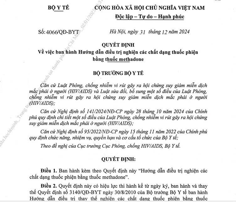 Quyết định số 4066/QĐ-BYT ngày 31/12/2024 về việc ban hành Hướng dẫn điều trị nghiện các chất dạng thuốc phiện bằng thuốc Methadone