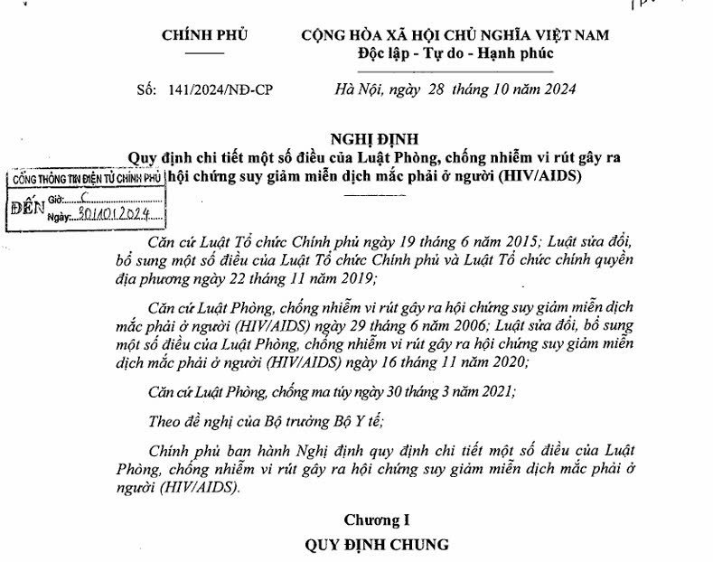 Nghị định 141/2024/NĐ-CP ngày 28/10/2024 Quy định chi tiết về một số điều của Luật Phòng chống nhiễm vi rút gây ra hội chứng suy giảm miễn dịch mắc phải ở người (HIV/AIDS)