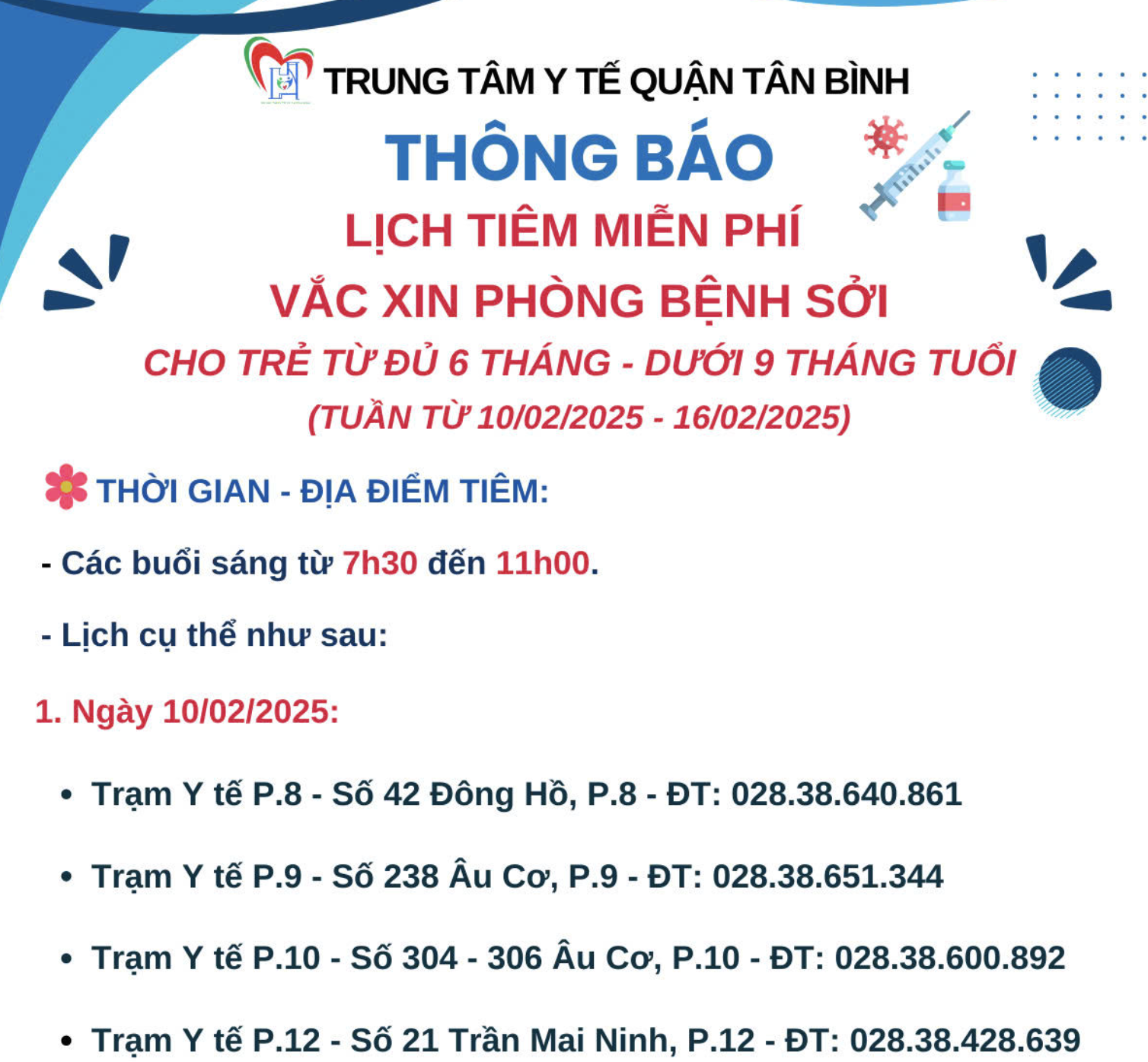 LỊCH TIÊM MIỄN PHÍ VẮC XIN PHÒNG BỆNH SỞI CHO TRẺ TỪ ĐỦ 6 THÁNG - DƯỚI 9 THÁNG TUỔI (TUẦN TỪ 10/02/2025 - 16/02/2025)