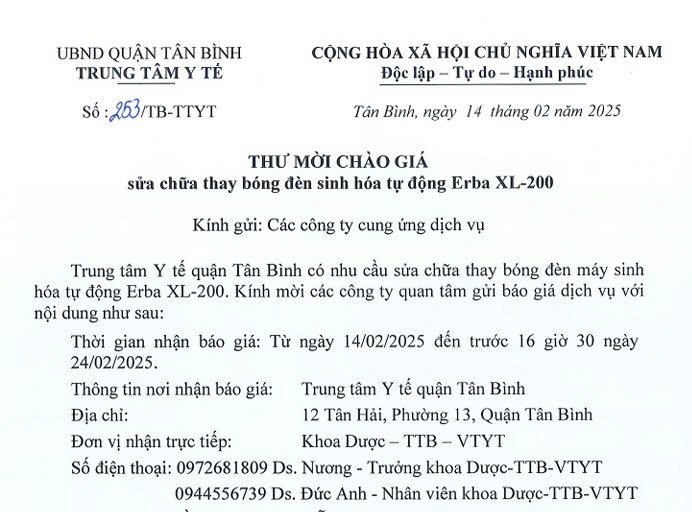 Số 253/TB-TTYT ngày 14/02/2025 Thư mời chào giá sửa chữa thay bóng đèn sinh hóa tự động Erba XL-200