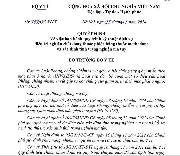 Số 3902/QĐ-BYT ngày 25/12/2024 Quyết định về việc ban hành kỹ thuật dịch vụ điều trị nghiện chất dạng thuốc phiện bằng thuốc methadone và xác định tình trạng nghiện ma túy