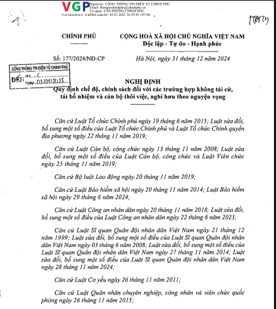 Nghị định số 177/2024/NĐ-CP của Chính phủ: Quy định chế độ, chính sách đối với các trường hợp không tái cử, tái bổ nhiệm và cán bộ thôi việc, nghỉ hưu theo nguyện vọng