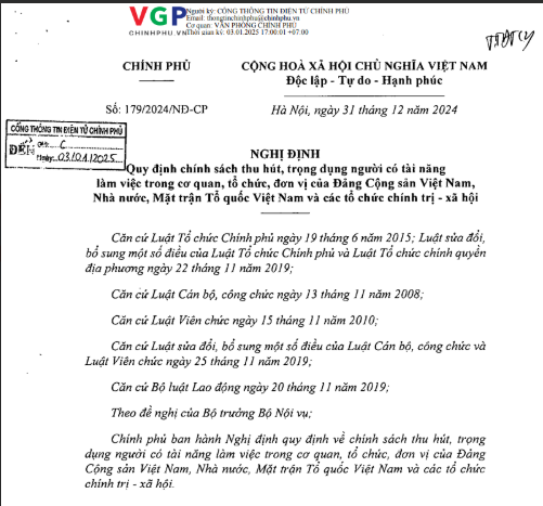 Nghị định số 179/2024/NĐ-CP của Chính phủ: Quy định chính sách thu hút, trọng dụng người có tài năng làm việc trong cơ quan, tổ chức, đơn vị của Đảng Cộng sản Việt Nam, Nhà nước, Mặt trận Tổ quốc Việt Nam và các tổ chức chính trị - xã hội