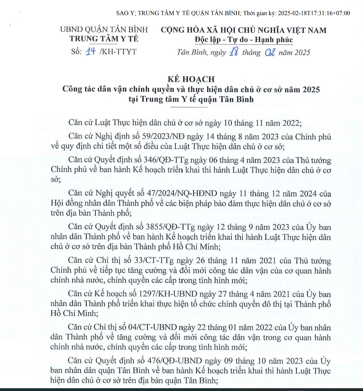 14- Kế hoạch Công tác dân vận chính quyền và thực hiện dân chủ ở cơ sở năm 2025  tại Trung tâm Y tế quận Tân Bình