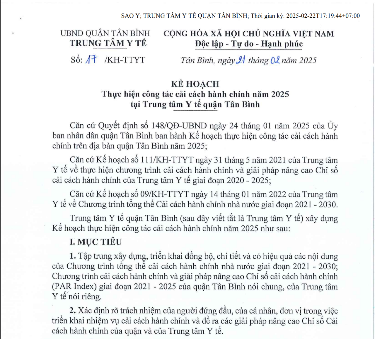 17- Thực hiện công tác cải cách hành chính năm 2025 tại Trung tâm Y tế quận Tân Bình