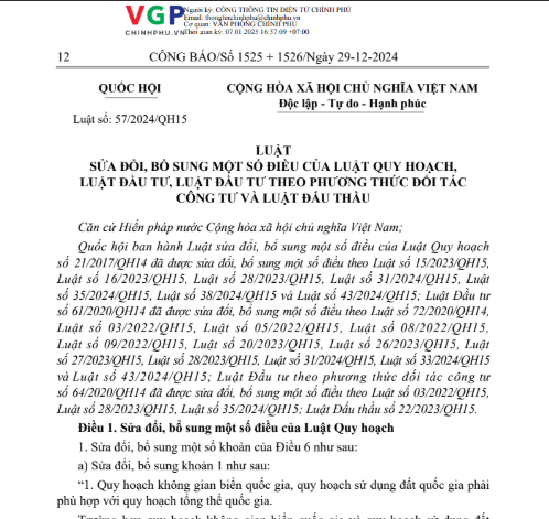 Luật số 57/2024/QH15 của Quốc hội: Luật sửa đổi, bổ sung một số điều của Luật Quy hoạch, Luật Đầu tư, Luật Đầu tư theo phương thức đối tác công tư và Luật Đấu thầu