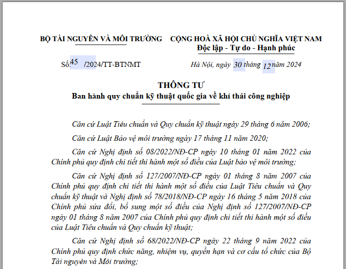 Thông tư số Thông tư số 45/2024/TT-BTNMT của Bộ Tài nguyên và Môi trường về ban hành quy chuẩn kỹ thuật quốc gia về khí thải công nghiệp