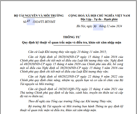 Thông tư số 47/2024/TT-BTNMT của Bộ Tài nguyên và Môi trường quy định kỹ thuật về quan trắc mặn và điều tra, khảo sát xâm nhập mặn
