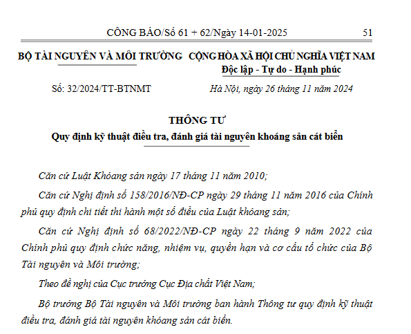 Thông tư 32/2024/TT-BTNMT về ban hành quy định kỹ thuật điều tra, đánh giá tài nguyên khoáng sản cát biển