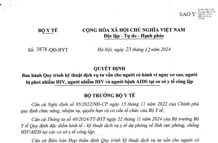 Quyết định số 3878/QĐ-BYT ngày 23/12/2024 của Bộ Y tế về ban hành Quy trình kỹ thuật dịch vụ tư vấn cho người có hành vi nguy cơ cao, người bị phơi nhiễm HIV, người nhiễm HIV và người bệnh AIDS tại cơ sở y tế công lập
