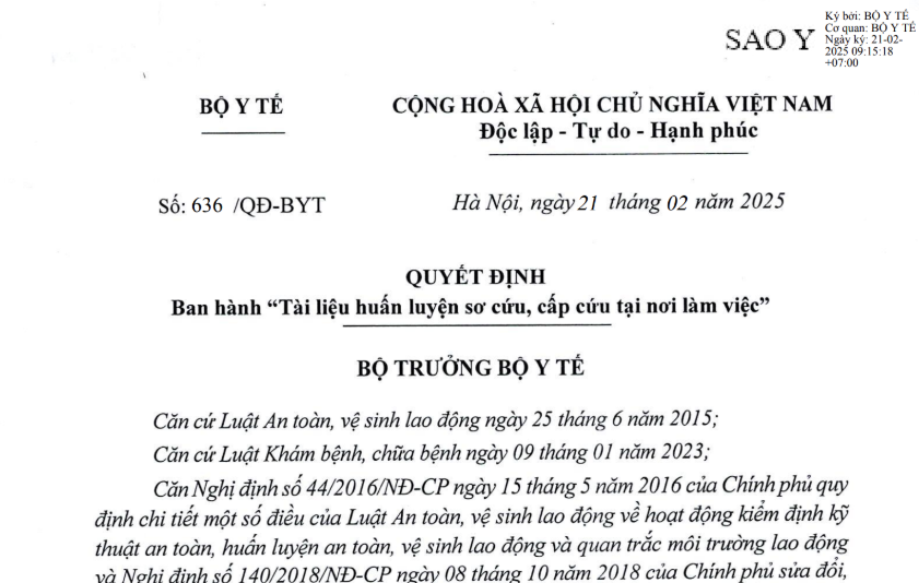 Quyết định số 636/QĐ-BYT ngày 21/02/2025 của Bộ Y tế về  ban hành "Tài liệu huấn luyện sơ cứu, cấp cứu tại nơi làm việc