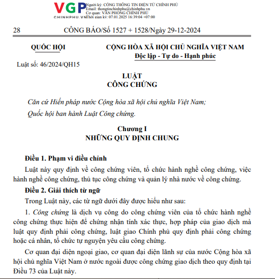 Luật công chứng số 46/2024/QH15 quy định về công chứng viên, tổ chức hành nghề công chứng, việc hành nghề công chứng, thủ tục công chứng và quản lý nhà nước về công chứng.