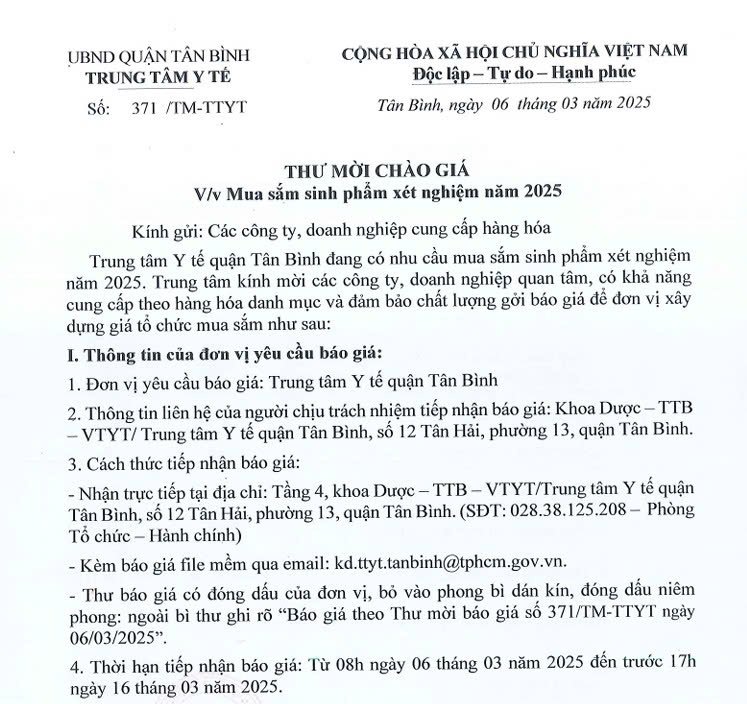 Số 371/TM-TTYT ngày 06/3/2025 Thư mời chào giá về việc mua sắm sinh phẩm xét nghiệm năm 2025