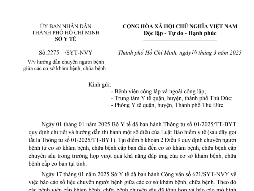 Công văn số 2275/SYT-NVY ngày 10/3/2025 của Sở Y tế về việc hướng dẫn chuyển người bệnh giữa các cơ sở khám bệnh, chữa bệnh