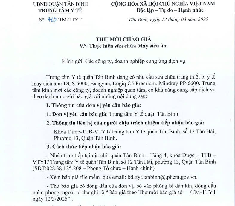 Số 413/TM-TTYT ngày 12/03/2025 Thư mời chào giá về việc thực hiện sửa chữa Máy siêu âm