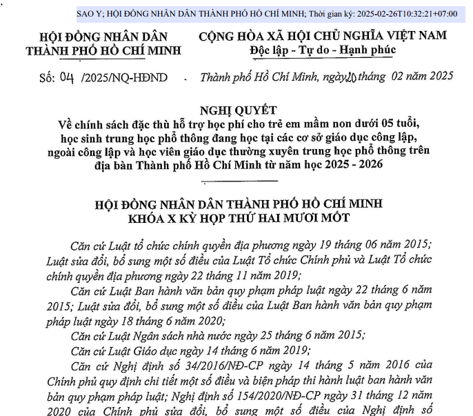 Nghị quyết 04/2025: TPHCM hỗ trợ học phí từ mầm non đến lớp 12 từ năm học 2025-2026