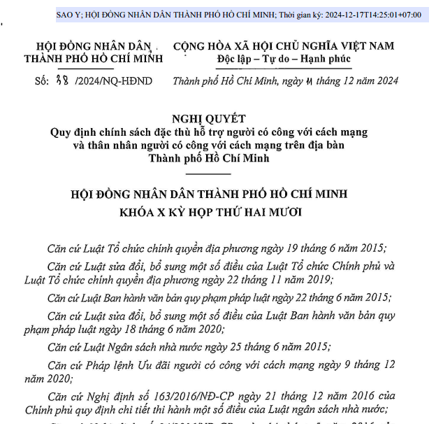 Nghị quyết 38/2024/NQ-HĐND quy định chính sách đặc thù hỗ trợ người có công với cách mạng và thân nhân người có công với cách mạng trên địa bàn Thành phố Hồ Chí Minh