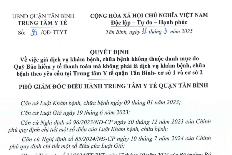 Quyết định số 55/QĐ-TTYT ngày 11/03/25 của Trung tâm Y tế về giá dịch vụ khám bệnh, chữa bệnh không thuộc danh mục do Quỹ Bảo hiểm y tế thanh toán mà không phải là dịch vụ khám bệnh, chữa bệnh theo yêu cầu tại Trung tâm Y tế quận Tân Bình