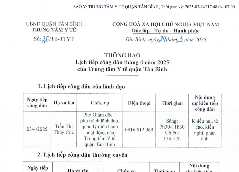 Lịch tiếp công dân tháng 4 năm 2025 của Trung tâm Y tế quận Tân Bình