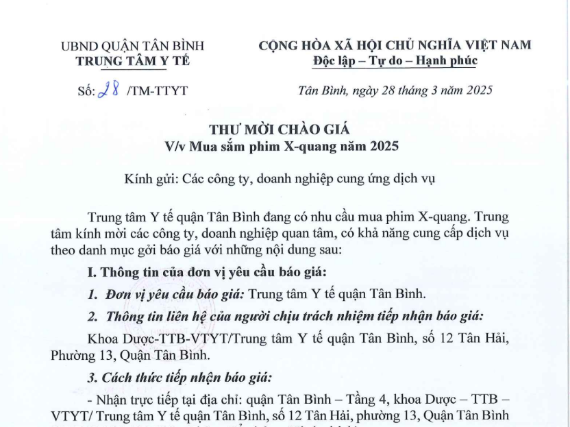 Thư mời chào giá số 28/TM-TTYT ngày 28/3/2025 về việc mua sắm phim X-quang năm 2025