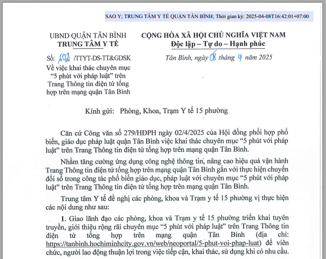 Chuyên mục "5 phút với pháp luật" trên trang Thông tin điện tử Tổng hợp trên mạng quận Tân Bình