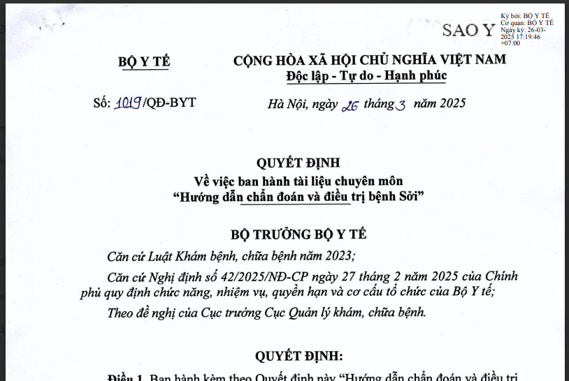 Quyết định số 1019/QĐ-BYT ngày 26/3/2025 về việc ban hành tài liệu chuyên môn "Hướng dẫn chẩn đoán và điều trị bệnh Sởi"
