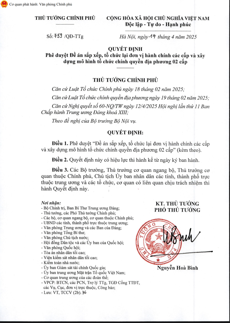 Quyết định số 759/QĐ-TTg ngày 14/4/2025 phê duyệt Đề án sắp xếp, tổ chức lại đơn vị hành chính (ĐVHC) các cấp và xây dựng mô hình tổ chức chính quyền địa phương 2 cấp
