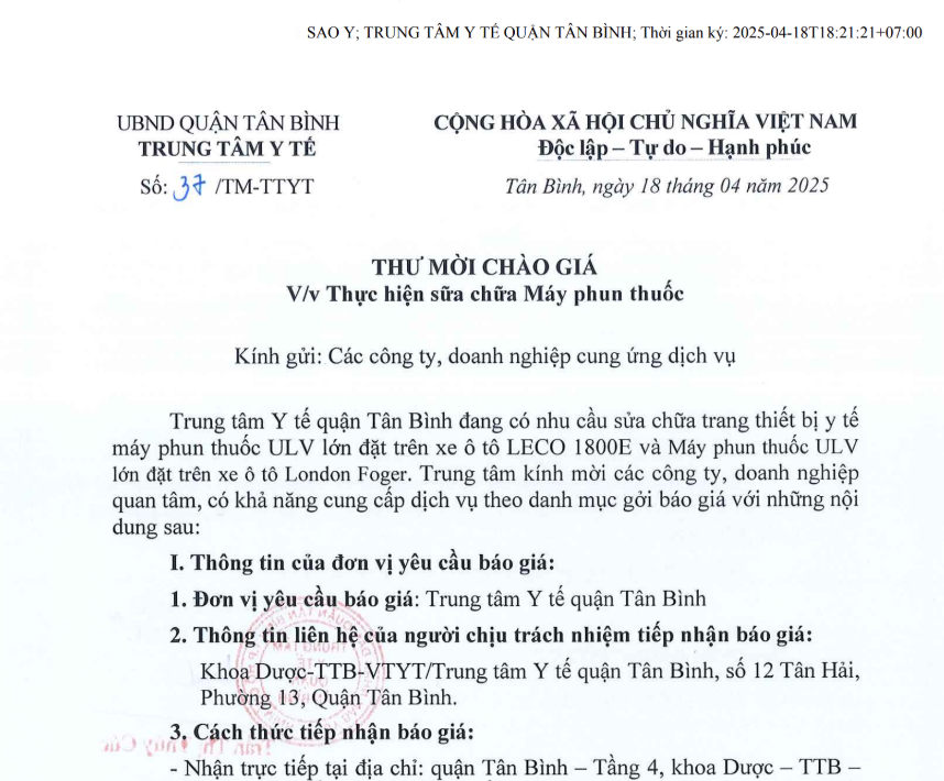 Thư Mời chào giá số 37/TM-TTYT ngày 18/4/2025 của TTYT về việc sửa chữa máy phun thuốc