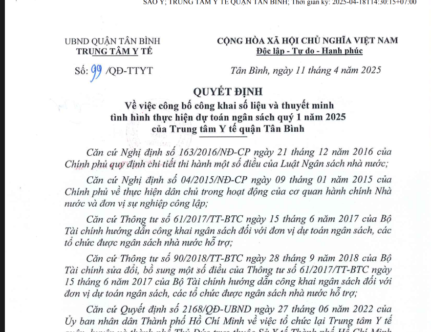 Quyết định số 99/QĐ-TTYT ngày 11/4/2025 của Trung tâm Y tế quận Tân Bình về việc công khai số liệu và thuyết minh tình hình thực hiện dự toán ngân sách quý 1 năm 2025 của TTYT quận Tân Bình