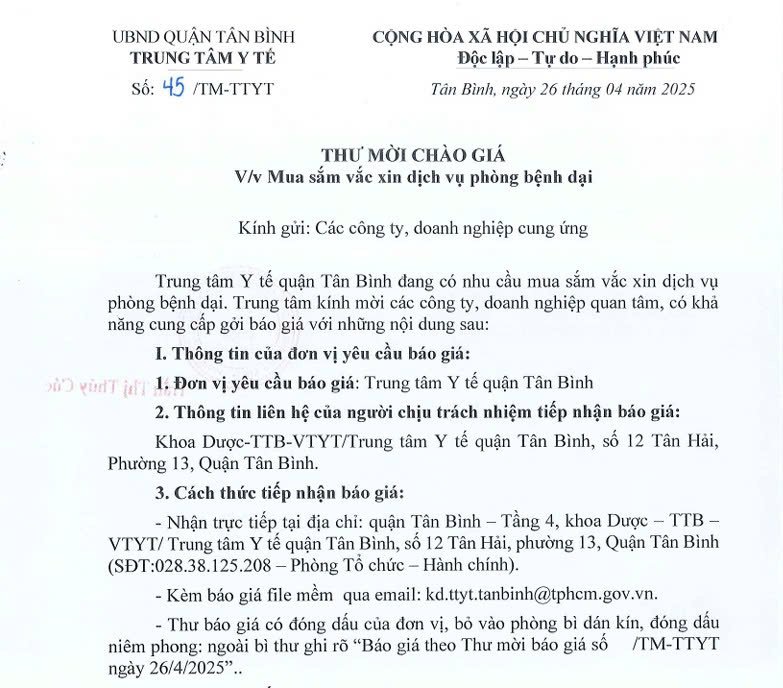Số 45/TM-TTYT ngày 26/04/2025 Thư mời chào giá về việc mua sắm vắc xin dịch vụ phòng bệnh dại