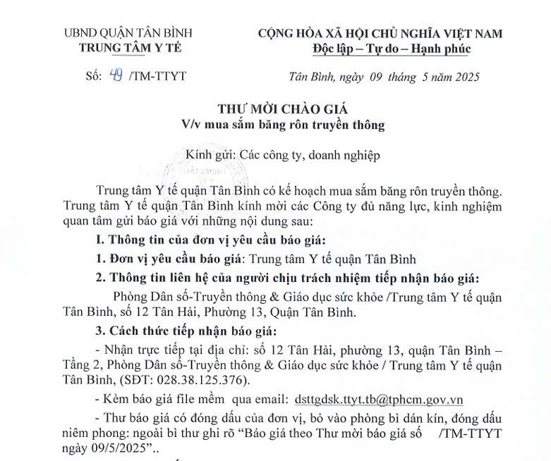 Số 49/TM-TTYT ngày 09/5/2025 Thư mời chào giá về việc mua sắm băng rôn truyền thông