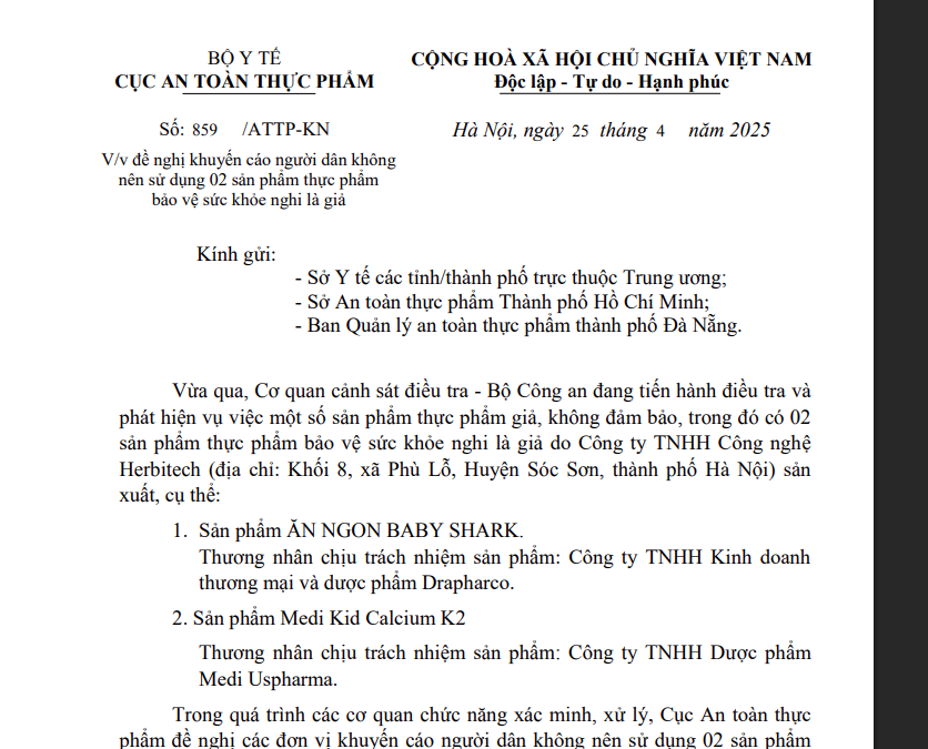Công văn 859/ATTP-KN ngày 25/4/2025 của Cục An toàn thực phẩm về việc đề nghị khuyến cáo người dân không nên sử dụng 02 sản phẩm thực phẩm bảo vệ sức khỏe nghi là giả