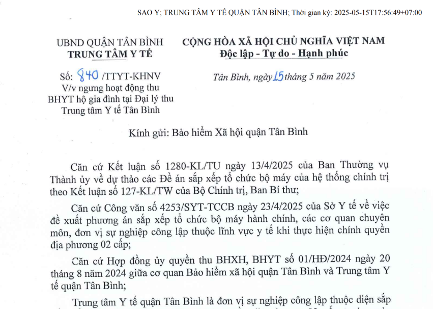 Công văn số 840/TTYT-KHNV ngày 15/5/2025 của Trung tâm Y tế về việc ngưng hoạt động thu bảo hiểm y tế hộ gia đình tại Đại lý thu TTYT Tân Bình
