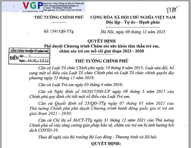 Quyết định số 1591/QĐ-TTg ngày 08/12/2023 của Thủ tướng Chính phủ: Phê duyệt Chương trình Chăm sóc sức khỏe tâm thần trẻ em, chăm sóc trẻ em mồ côi giai đoạn 2023 - 2030