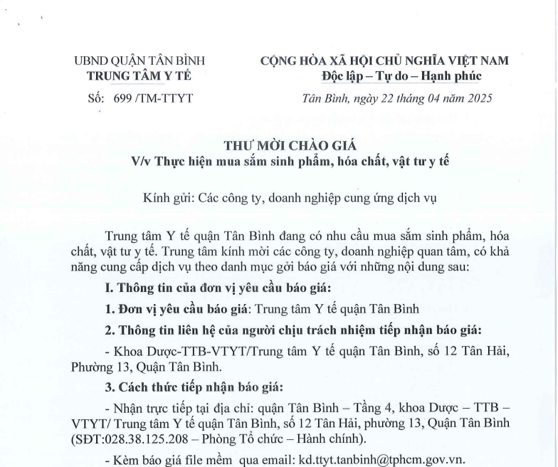 Số 699/TM-TTYT ngày 22/4/2025 Thư mời chào giá về việc thực hiện mua sắm sinh phẩm, hóa chất, vật tư y tế