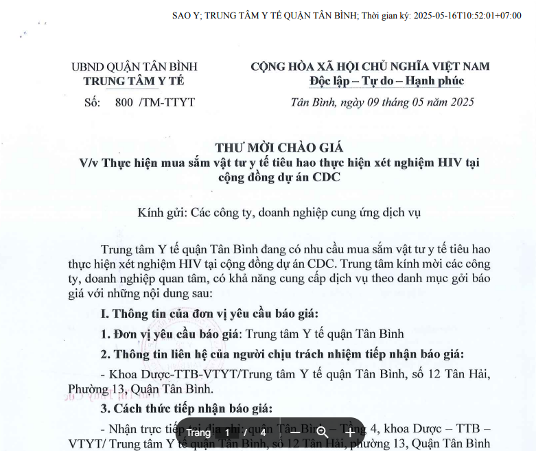 Số 800/TM-TTYT ngày 09/5/2025 Thư mời chào giá về việc thực hiện mua sắm vật tư y tế tiêu hao thực hiện xét nghiệm HIV tại cộng đồng dự án CDC