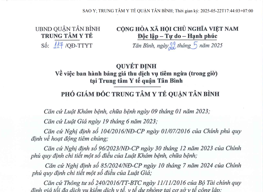 Quyết định số 117/QĐ-TTYT ngày 22/5/2025 về việc ban hành bảng giá thu dịch vụ tiêm ngừa (trong giờ) tại Trung tâm Y tế quận Tân Bình