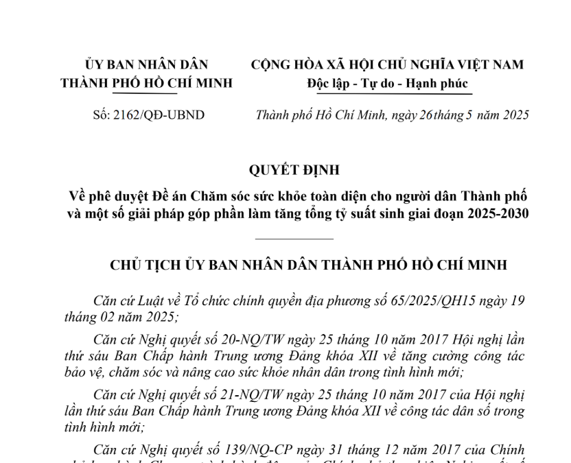 Quyết định số 2162/QĐ-UBND ngày 26/5/2025 của UBND về phê duyệt Đề án Chăm sóc sức khỏe toàn diện cho người dân Thành phố và một số giải pháp góp phần làm tăng tổng tỷ suất sinh giai đoạn 2025-2030