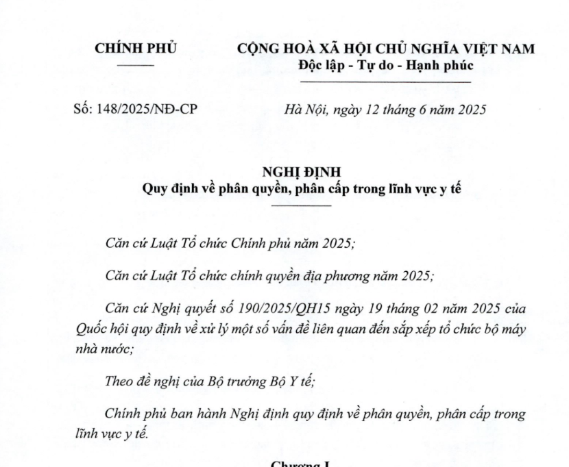 Nghị định số 148/2025/NĐ-CP ngày 12/6/2025 của Chính phủ về Quy định về phân quyền, phân cấp trong lĩnh vực y tế