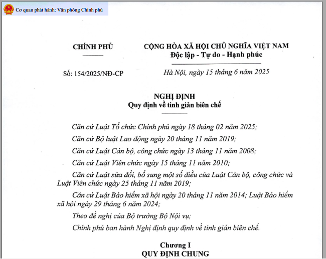 Nghị định 154/2025/NĐ-CP ngày 15/6/2025 của Chính Phủ về Quy định tinh giản biên chế