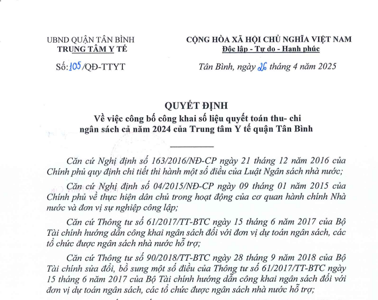 Số 105/QĐ-TTYT ngày 26/4/2025 Quyết định về việc công bố công khai số liệu quyết toán thu - chi ngân sách cả năm 2024 của Trung tâm Y tế quận Tân Bình