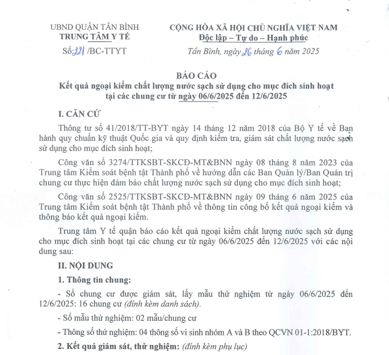Số 221/BC-TTYT ngày 26/6/2025 Báo cáo kết quả ngoại kiểm chất lượng nước sạch sử dụng cho mục đích sinh hoạt tại các chung cư từ ngày 06/6/2025 đến 12/6/2025