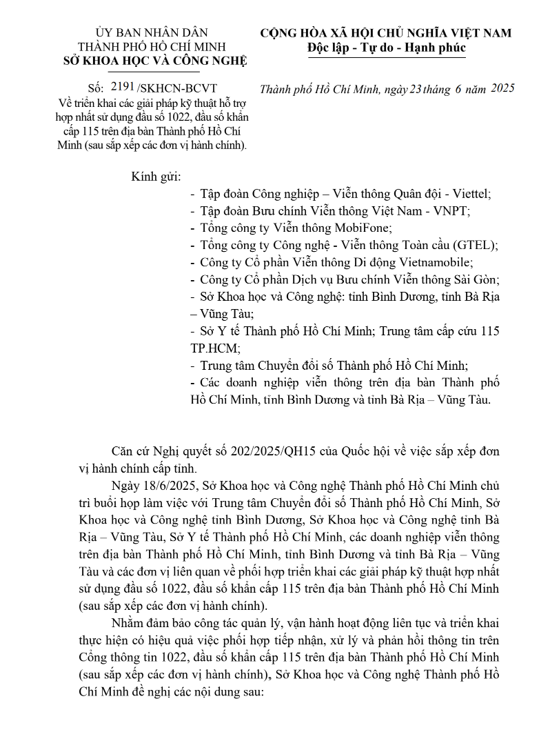 Về triển khai các giải pháp kỹ thuật hỗ trợ  hợp nhất sử dụng đầu số 1022, đầu số khẩn  cấp 115 trên địa bàn Thành phố Hồ Chí  Minh (sau sắp xếp các đơn vị hành chính)