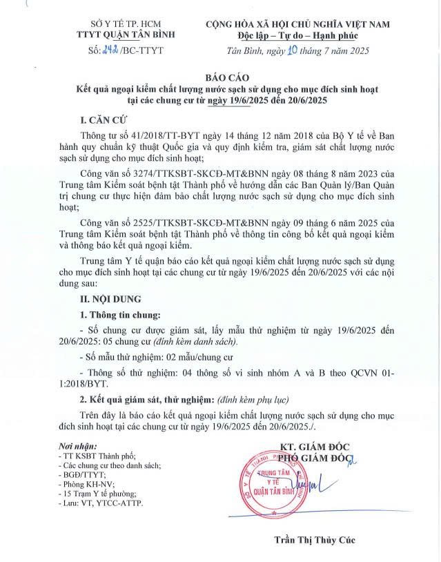 Báo cáo kết quả ngoại kiểm chất lượng nước sạch sử dụng cho mục đích sinh hoạt tại các chung cư từ ngày 19/6/2025 đến 20/6/2025