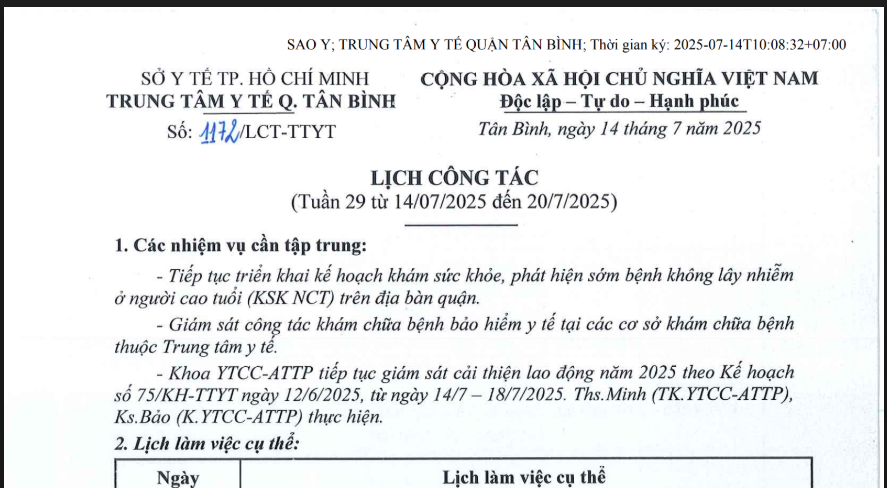Lịch công tác tuần 29 (từ 14/7/2025 đến 20/7/2025)